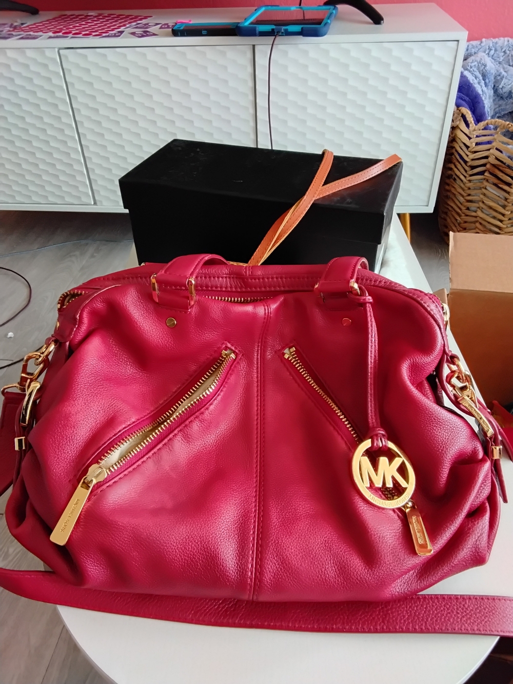 Michael Kors Red Leather Shoulder Bag with Gold Hardware